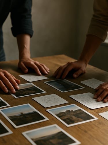 Wide shot from the left side: two pairs of hands leaning over a wooden worktable scattered with printed photographs and handwritten notes, morning window light raking across the surface from the right, the background a softly blurred studio wall