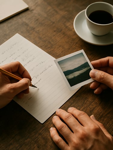 Close overhead view of two pairs of hands over a worn wooden table, one holding a pencil above a handwritten planning sheet, the other steadying a small printed photo — agency work session in warm north-facing daylight, papers and coffee cup softly visible at the edges
