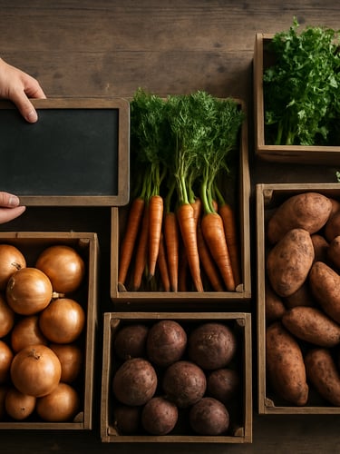 Wide overhead view of a farmers market stall at opening hour, wooden crates of root vegetables and bunched herbs arranged on a worn table, morning north-light casting soft shadows, one pair of hands placing a chalkboard sign at the left edge of frame