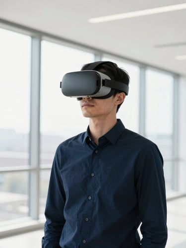 premium corporate technology photography, a professional in a clean architectural space wearing a sleek VR headset, soft daylight pouring through large windows, shallow depth of field, 50mm