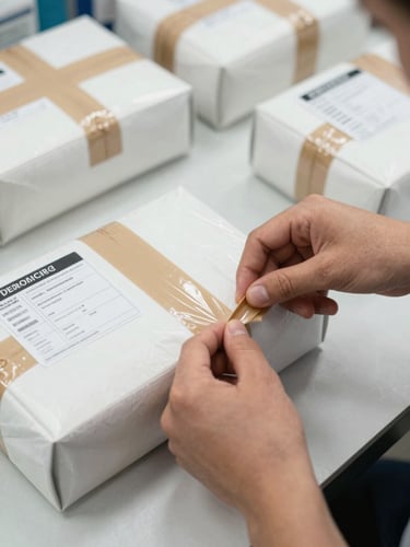 Close-up overhead view of hands securing pharmaceutical packaging with tamper-evident tape on a sorting table, printed shipping labels visible beside the parcel, bright overhead warehouse lighting, organised rows of parcels in background