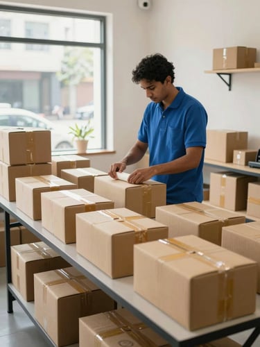 Wide shot of a well-lit courier sorting area, a staff member in a blue polo carefully labelling a parcel on a long table stacked with organised packages, bright daylight streaming from a high window on the left, Gudivada street visible through a glass door in the background