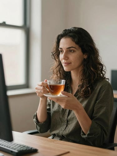 Environmental portrait of Christiane Fernanda in her office, holding a warm cup of tea, soft natural window light, warm minimalist background.