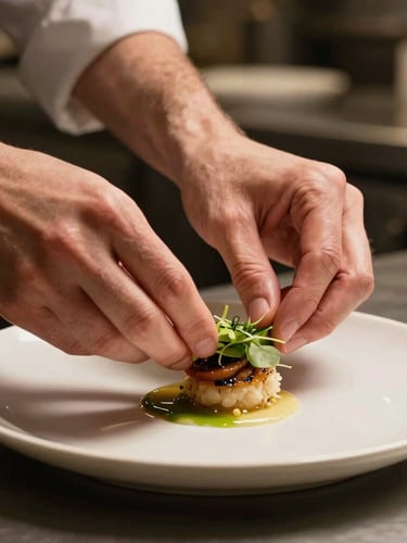 Close-up of hands placing a delicate garnish on a modern plate at the pass, warm side-lighting, Scandinavian restaurant kitchen background.