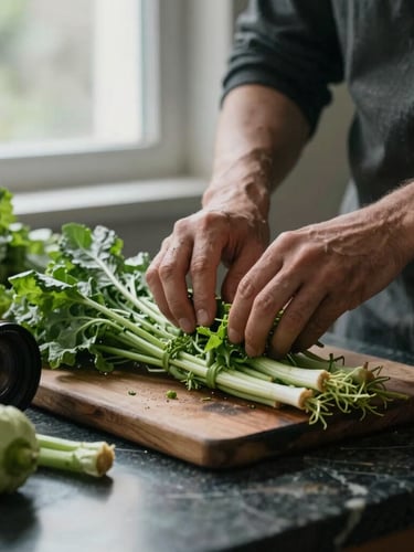 Close-up of hands prepping fresh seasonal vegetables on a dark marble counter, soft window light, moody atmosphere, rich green tones