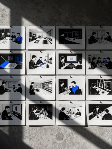 Tactile creative work in progress, storyboards pinned to a concrete wall, dramatic direct sunlight, high-contrast 35mm photography
