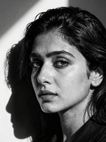 High-contrast editorial portrait of Shilpa Das in direct sunlight, deep shadows, stark monochrome photography, 35mm