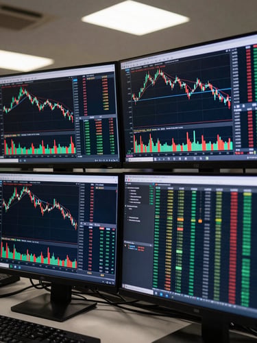 Close-up of three monitors on an institutional trading desk, screens filled with live candlestick charts and scrolling order-book data, cool flat overhead task lighting, no shadows, tight crop showing only the screens and keyboard edge