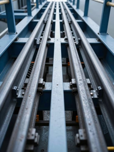 Low-angle close-up of heavy-duty elevator guide rails, thick steel structural beams, high-contrast mechanical gear, safety-orange tension indicators.