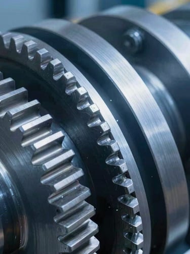 Close-up macro shot of clean, high-precision elevator traction machine gears, steel textures with cool daylight highlights