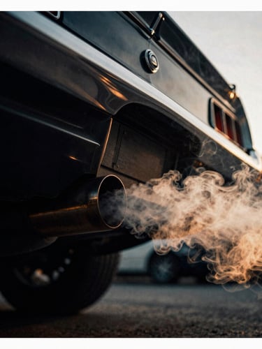Tight macro analog film shot of a vintage muscle car exhaust pipe emitting thick smoke at golden hour, low-angle, heavy grain, deep black shadows.