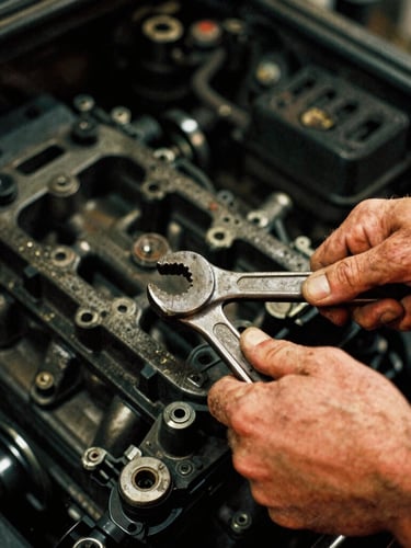 Gritty close-up of weathered hands turning a wrench on a vintage V8 engine block, harsh single-source garage lighting, deep blacks with warm amber undertones, 35mm film grain.