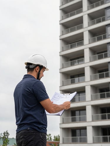 Wide architectural site visit — a GNESTA team member in a hard hat reviewing blueprints on a clipboard at a completed mid-rise residential development, natural overcast daylight, building facade filling the right frame edge, precise and operational