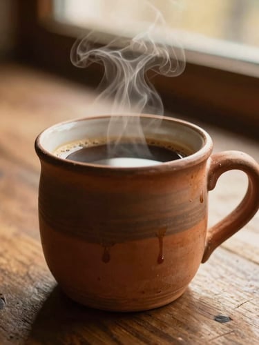 A tight macro shot of a heavy-bottomed terracotta mug filled with steaming coffee on a rustic wooden table, warm golden-hour window light highlighting the physical thumbprints and glaze drips, 35mm photography