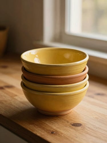 A stack of warm butter-yellow and terracotta ceramic bowls on a sunlit wooden kitchen table, golden-hour window light casting soft shadows, tactile clay texture visible, 35mm photography
