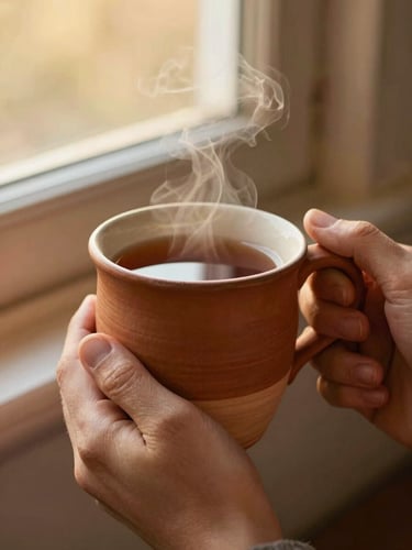 Close-up of hands holding a warm, heavy-bottomed terracotta mug filled with steaming tea, golden-hour window light, shallow depth of field, 35mm.