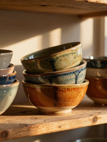 Tactile close-up of colorful ceramic bowls stacked on a rustic wooden shelf in a sunlit studio, warm golden-hour light highlighting glaze drips.