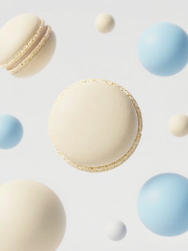 Sleek minimalist 3D render of pastel geometric shapes floating on a clean white background, soft daylight, cream and sky blue tones