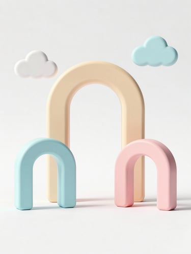 Lightweight 3d render of abstract pastel geometric arches and cloud symbols under bright natural daylight, clean white background.