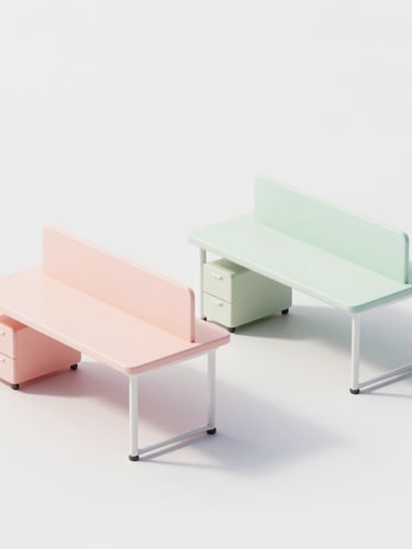 Lightweight 3d render of a minimalist open office workspace with soft macaron pastel desks, bright diffused daylight, and clean white background.