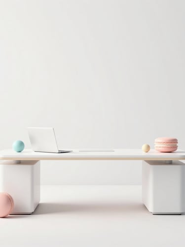 Minimalist 3D render of a clean modern office desk with soft pastel geometric shapes, bright diffused daylight, high-key lighting, ample negative space