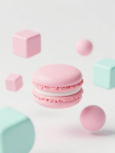 Minimalist lightweight 3D render of pastel geometric blocks floating in bright diffused daylight, clean white background, soft pink and mint tones