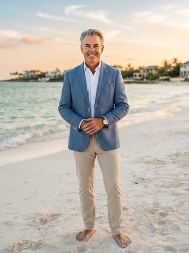 Professional portrait of Gary Bowman, a confident, experienced real estate agent, standing on a white sand beach at golden hour, subtle emerald waters in the background, sophisticated coastal attire, soft lighting.