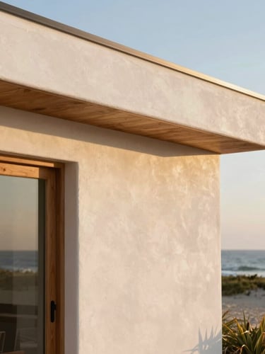 Close-up of a modern coastal home's architectural detail, white stucco, warm wood accents, soft golden hour light, shallow depth of field.