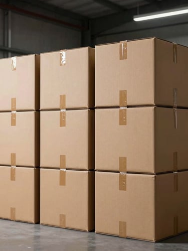 A clean, minimalist shot of stacked cardboard shipping boxes labeled for dispatch inside a modern, well-lit warehouse, high contrast, industrial aesthetic
