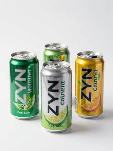 A crisp studio packshot of ZYN Cool Mint and Citrus cans on a clean white background, flat lighting, soft shadows, high-resolution detail of the packaging