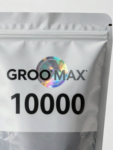 Close-up product shot of GROO MAX 10000 packaging, focus on authentic holographic security seal and clean industrial design, solid white background, portrait aspect.