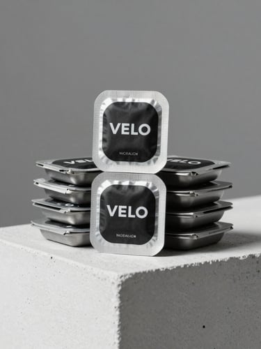 Studio packshot of VELO nicotine pouch cans stacked neatly on a clean white concrete block, flat industrial lighting, neutral grey background.