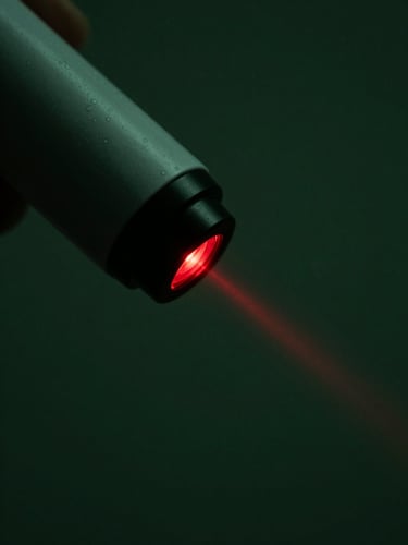 Extreme close-up of a sleek clinical LLLT laser device emitting a precise red light beam, dark moody background with deep forest green ambient lighting, macro details, high-contrast, 35mm lens.