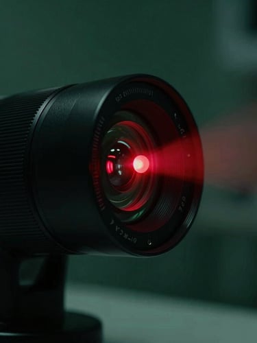 Extreme close-up of a sleek black low-level laser therapy device emitting a precise, high-contrast red beam, dark moody clinical setting, 35mm lens.