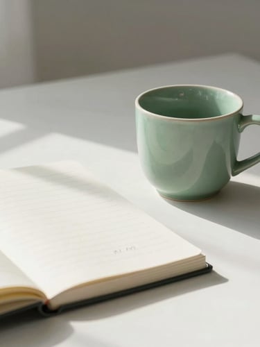 Clean minimalist workspace, a desaturated green ceramic cup next to an open notebook with neat handwriting, soft morning sunlight casting gentle shadows, 35mm lens