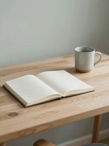 A minimalist, sunlit workspace with a clean wooden desk, a single notebook with neat handwritten numbers, a ceramic mug, soft morning light, desaturated sage tones, 35mm lens.