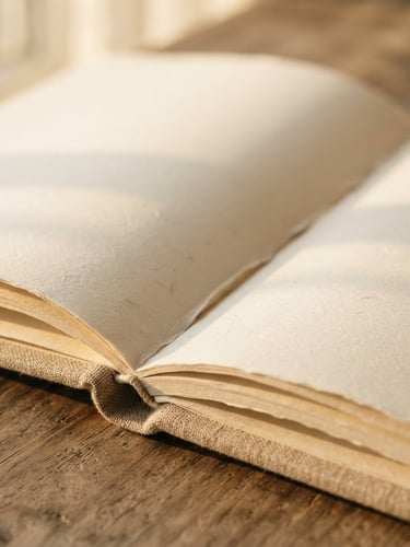 Macro close-up of open pages of a minimalist linen-bound book, soft golden-hour window light casting long gentle shadows across textured cream paper