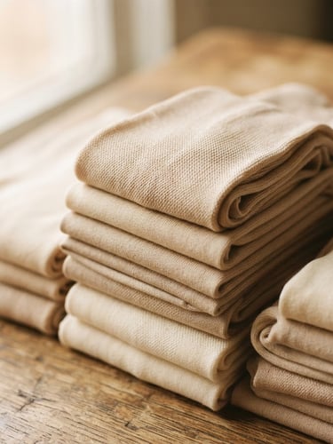Close-up shot of neatly folded, light-colored hosiery with visible weave texture, under soft diffused window light, shallow depth of field, warm editorial photography.
