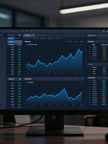 Straight-on high-fidelity UI mockup of a financial terminal dashboard on a dark screen, showing clean policy tables, dense data charts with subtle deep blue glowing accents, low-key moody office environment background.