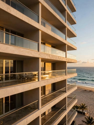 Close-up architectural detail of a luxury beachfront apartment balcony, golden-hour light reflecting on glass railings, pristine Brazilian sand and ocean below.