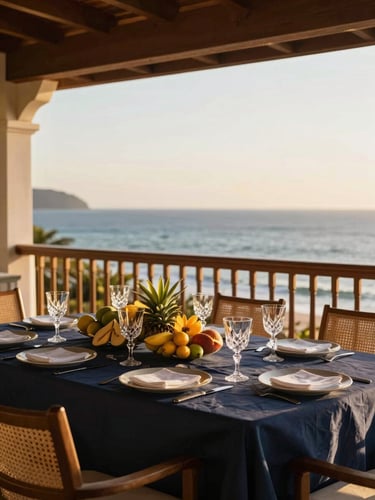 Close-up of a beautifully set dining table on a private oceanfront balcony, fresh tropical fruits, crystal glasses, golden sunlight
