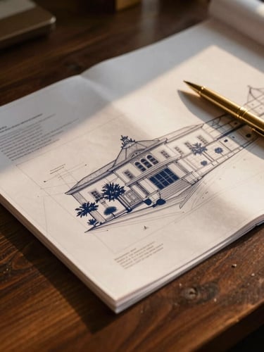 Close-up of elegant architectural blueprint layouts on a dark wooden table next to a gold pen, warm morning light