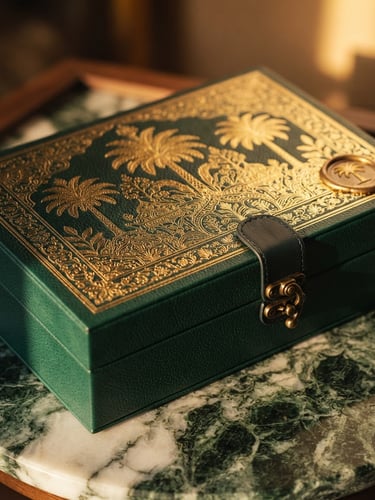 Close-up of a luxury date gift box with gold foil embossing and bespoke leather accents, resting on a polished marble surface, dramatic golden hour side-lighting.
