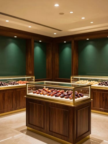 Elegant interior of a luxury date showroom in Riyadh, featuring polished dark wood and brass display cases, soft dramatic side-lighting, a single spotlight on a display of glistening dates, wide angle.