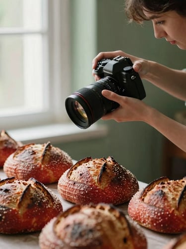 Behind-the-scenes shot of a female food photographer adjusting a camera lens over a table of fresh sourdough bread, soft natural side-lighting, warm forest green and crimson tones, 35mm