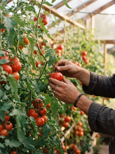 Hands harvesting vibrant red tomatoes in a sun-drenched greenhouse, soft morning light, rich green foliage, 35mm photography