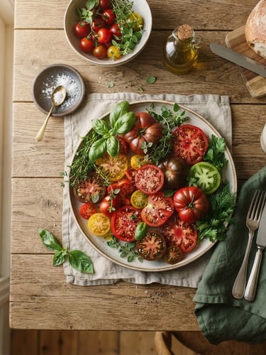Overhead flat-lay of a rustic Scandinavian wooden dining table, warm morning window light, plates of fresh heritage tomatoes and herbs, rich crimson tones, 35mm