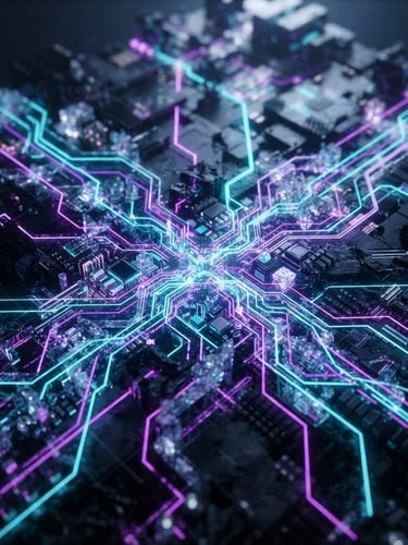 Macro close-up of a crystalline processor structure, glowing cyan and violet vector lines, dark cinematic 3d render, obsidian and cyan tones, macro depth of field, octane render