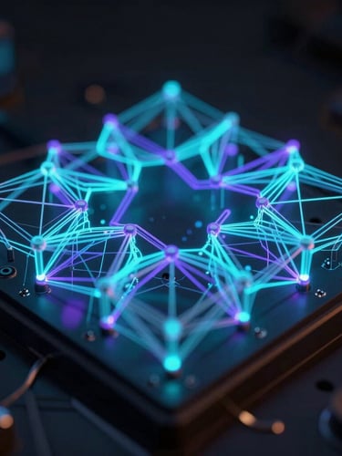 Macro close-up of a glowing 3D abstract quantum lattice processor with intricate cyan and violet vector lines, dark low-key lighting, orthographic projection, octane render.