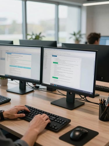 Wide shot of a modern office workspace, multiple monitors displaying workflow diagrams and CRM interfaces, hands resting on keyboard in foreground, even daylight from large windows, systems in active use